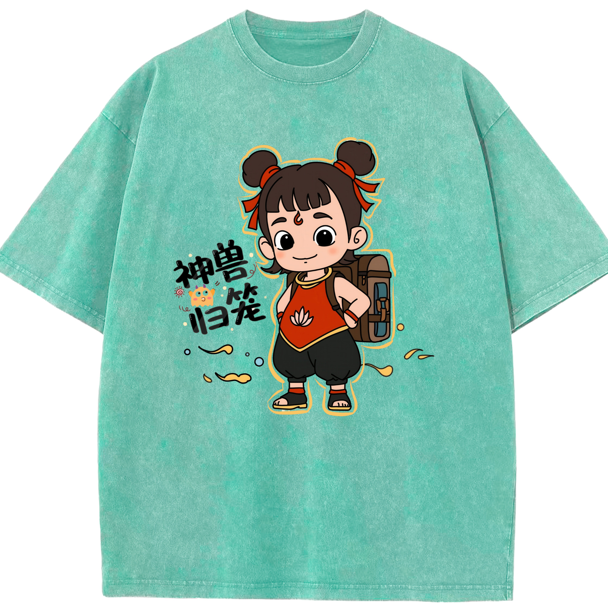 （画像用） Ne Zha 2 ナタ 魔童の大暴れ 綿100% ヴィンテージ風 半袖Tシャツ（フロントプリント）